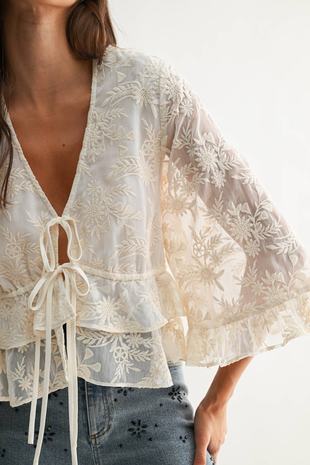 Embroidered Tie Blouse