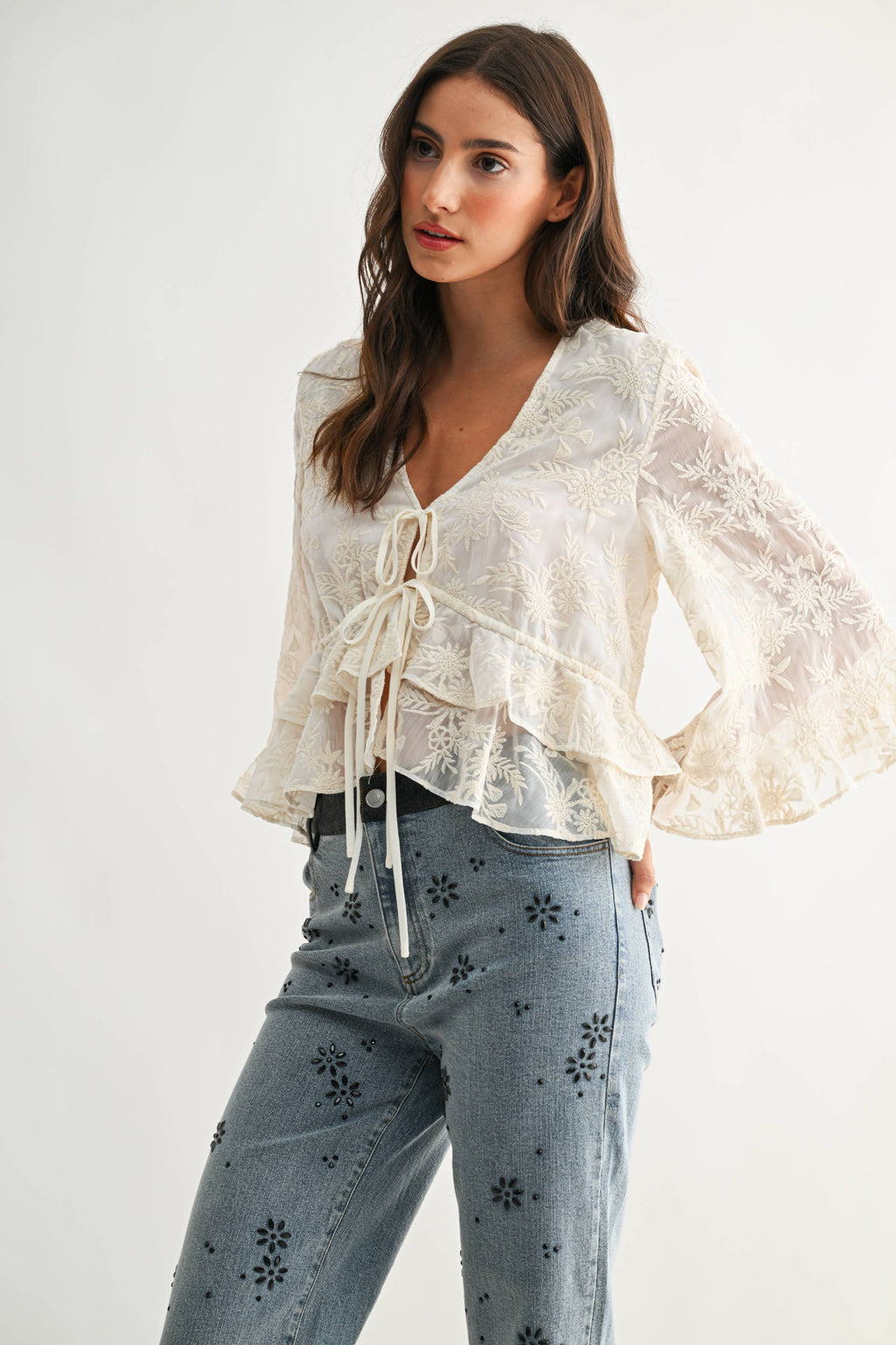 Embroidered Tie Blouse