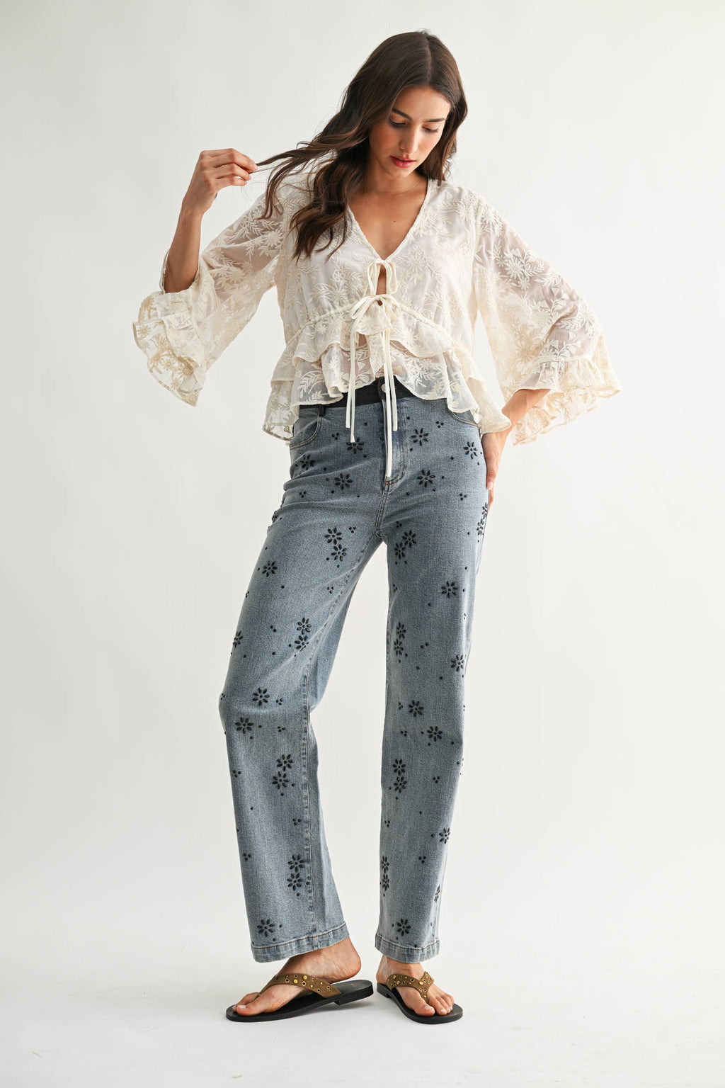 Embroidered Tie Blouse