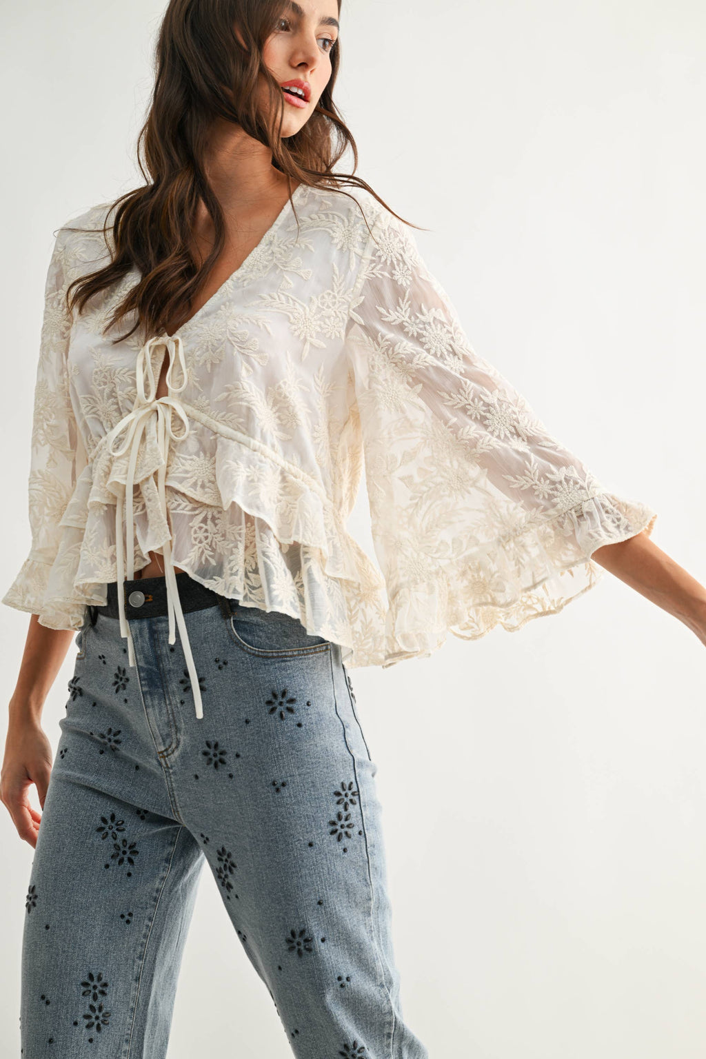 Embroidered Tie Blouse