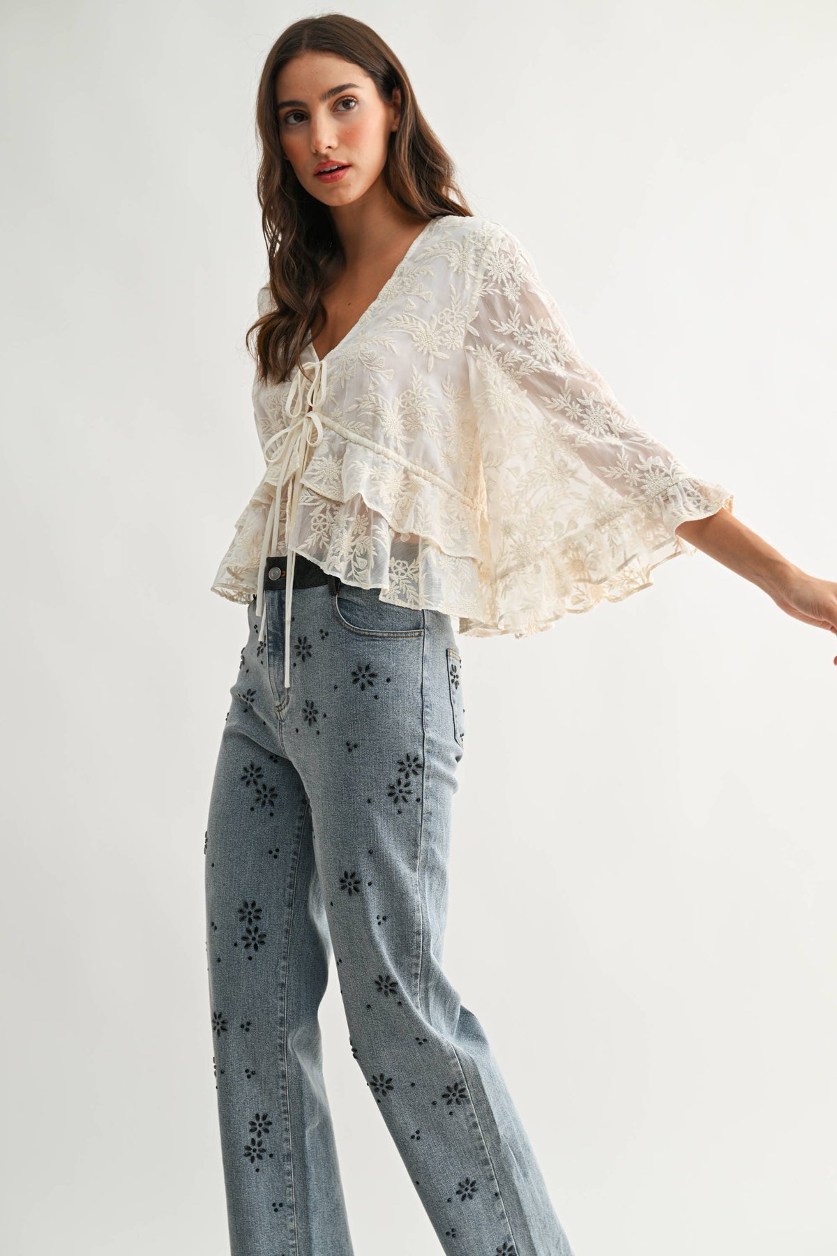 Embroidered Tie Blouse