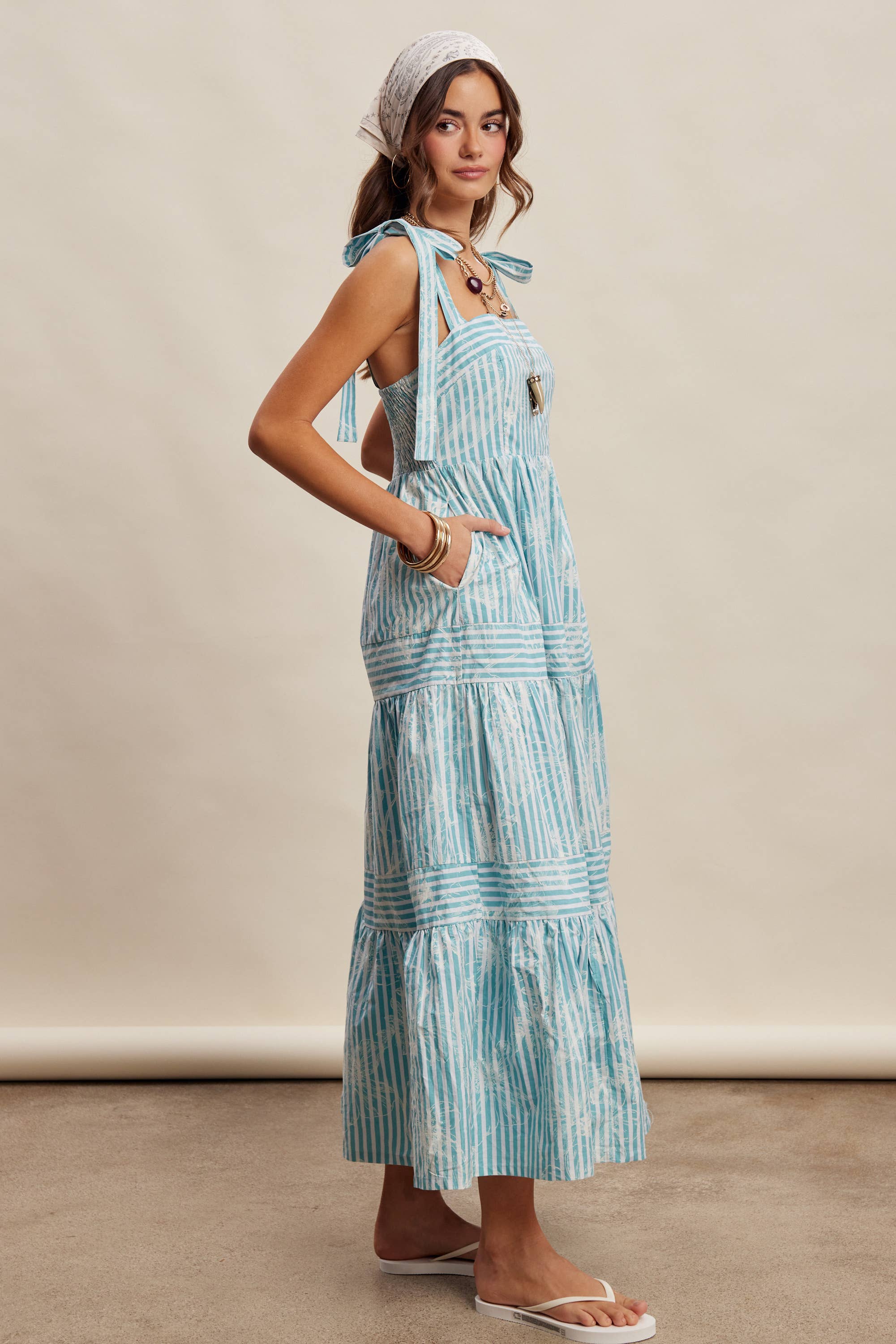 Striped Tie-Shoulder Maxi Dress