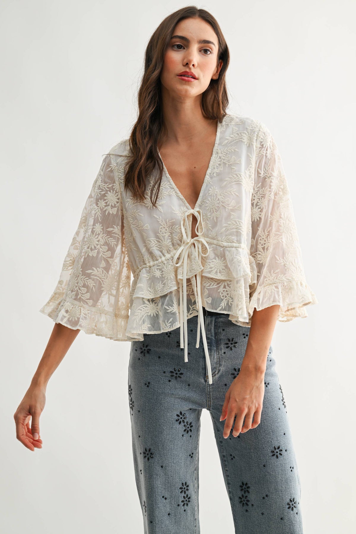 Embroidered Tie Blouse