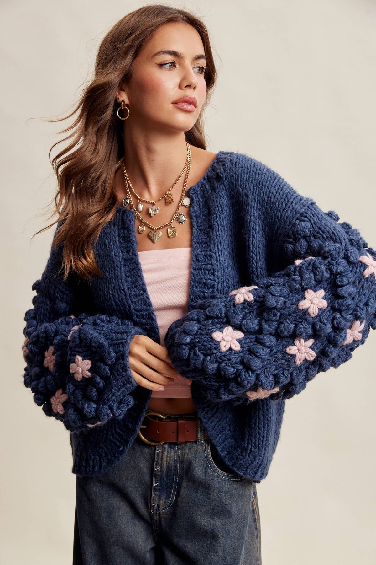 Floral Bubble Sleeve Cardigan