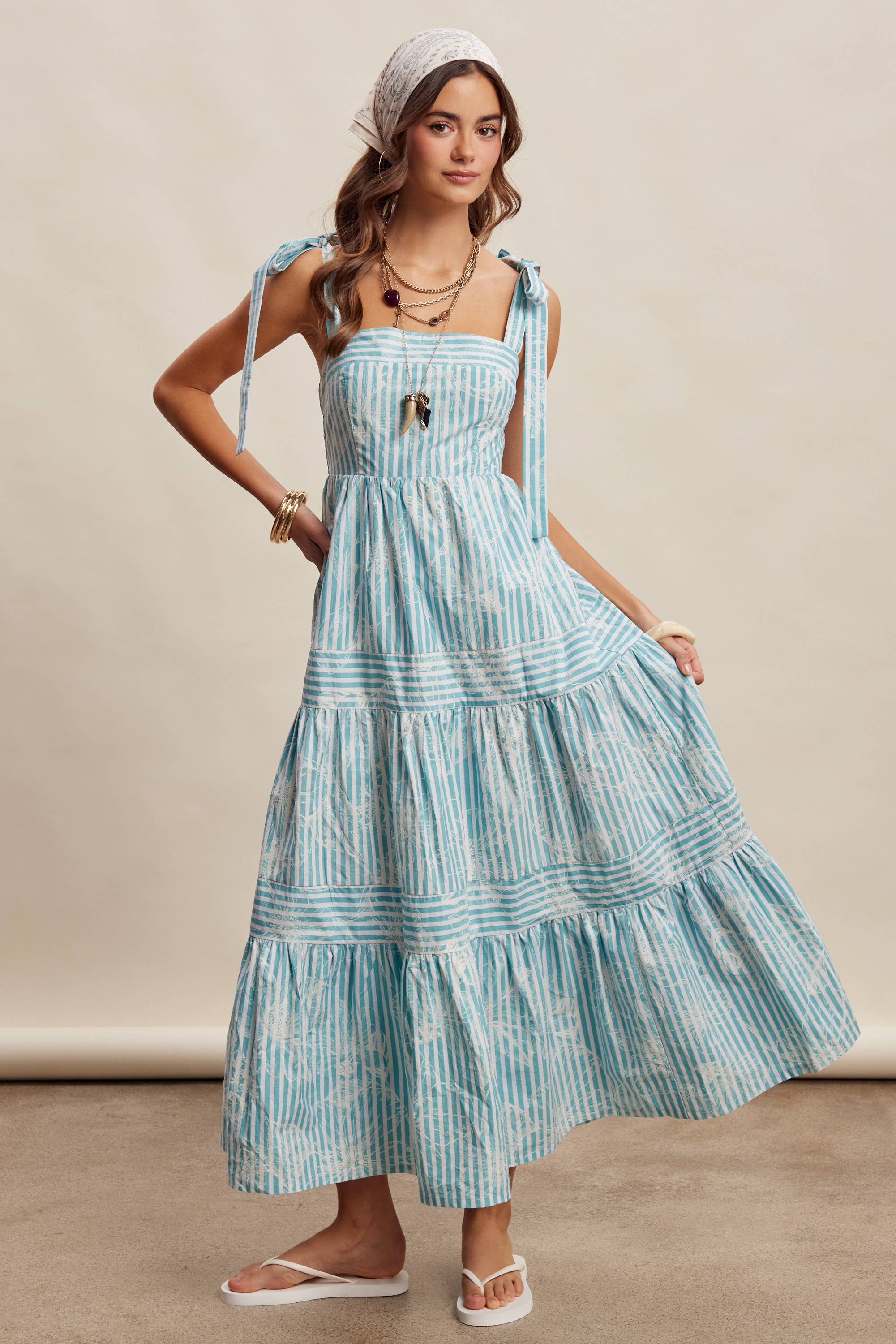 Striped Tie-Shoulder Maxi Dress